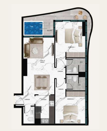 Планировка 2-комнатная квартира 104.3 м2 в ЖК Samana Barari Views