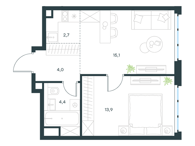 Апартаменты с 1 спальней 40.1 м2 в ЖК Level Южнопортовая