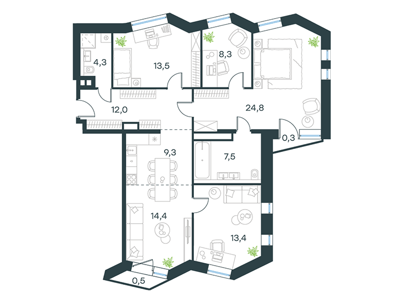 Апартаменты с 3 спальнями 108.3 м2 в ЖК Level Стрешнево