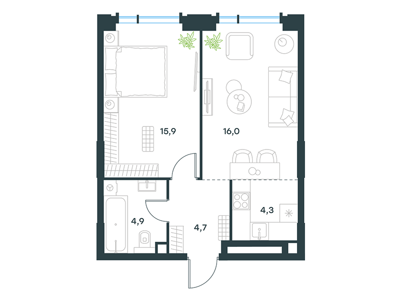 Планировка Квартира с 1 спальней 45.8 м2 в ЖК Level Академическая