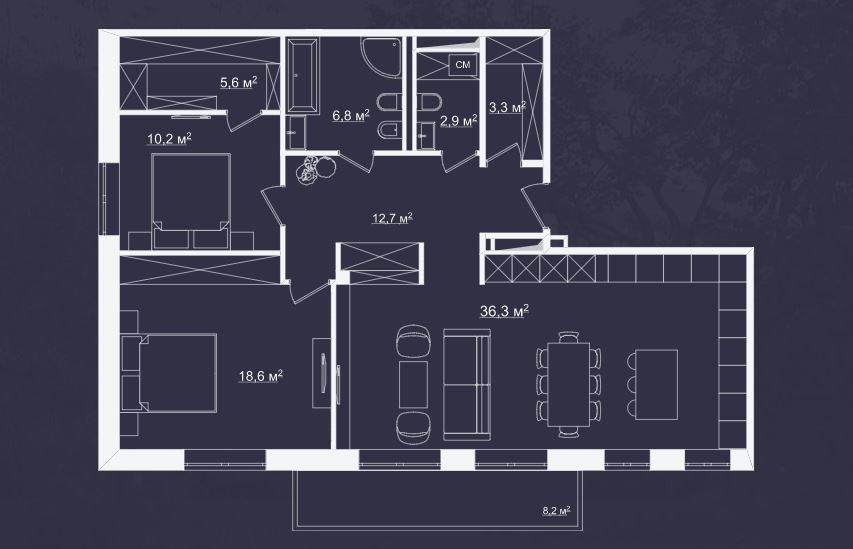 Апартаменты с 2 спальнями 107.2 м2 в ЖК River Residences