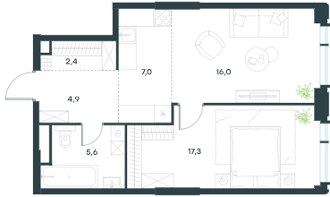 Планировка Квартира с 1 спальней 53.2 м2 в ЖК Level Академическая