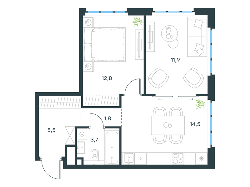 Апартаменты с 1 спальней 50.2 м2 в ЖК Level Южнопортовая