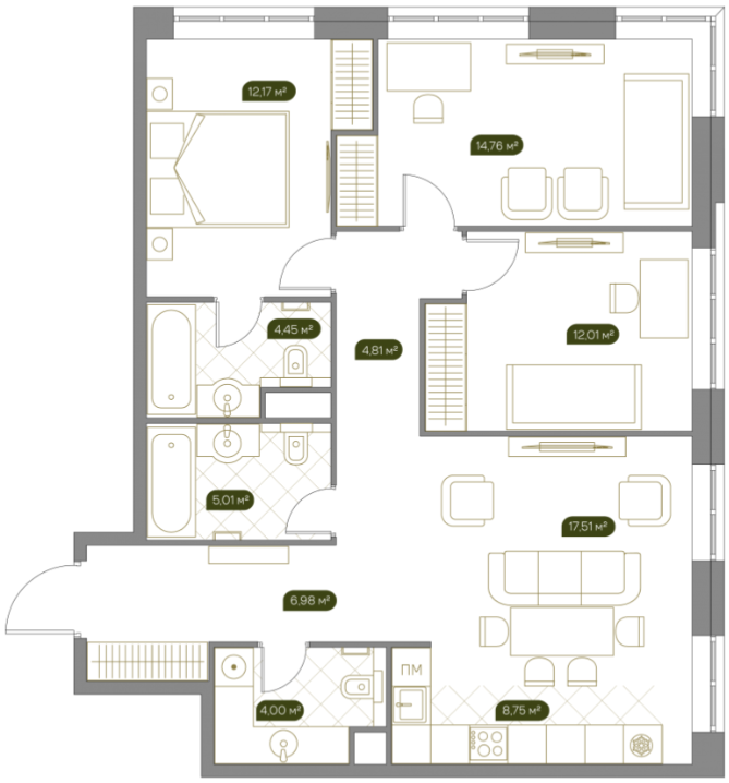 Квартира с 4 спальнями 91.8 м2 в ЖК Собрание клубных домов West Garden 