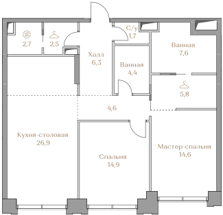 Квартира с 2 спальнями 92 м2 в ЖК Luzhniki Collection