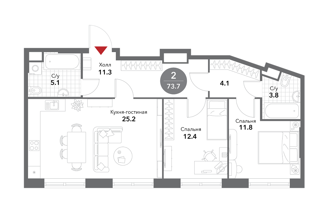 Квартира с 2 спальнями 73.8 м2 в ЖК Voxhall