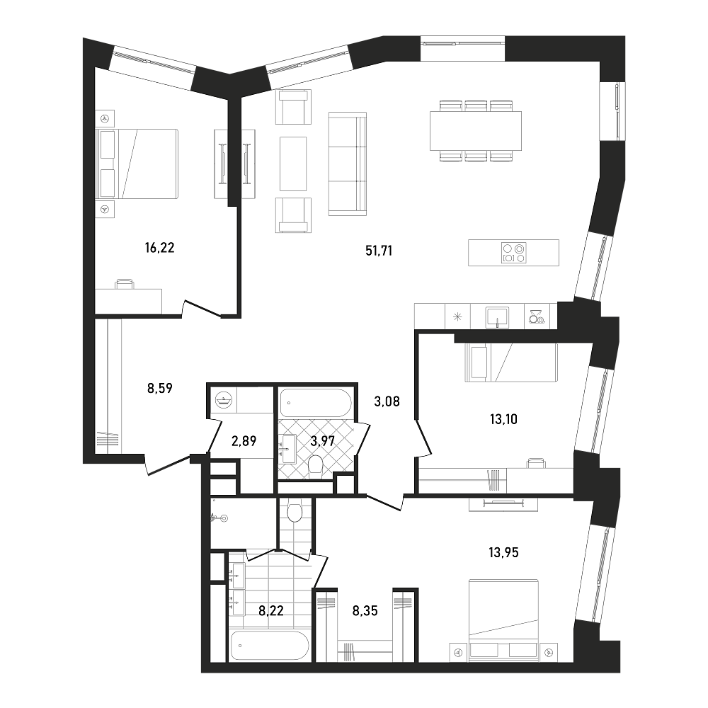 Планировка Квартира с 3 спальнями 130.08 м2 в ЖК Republic