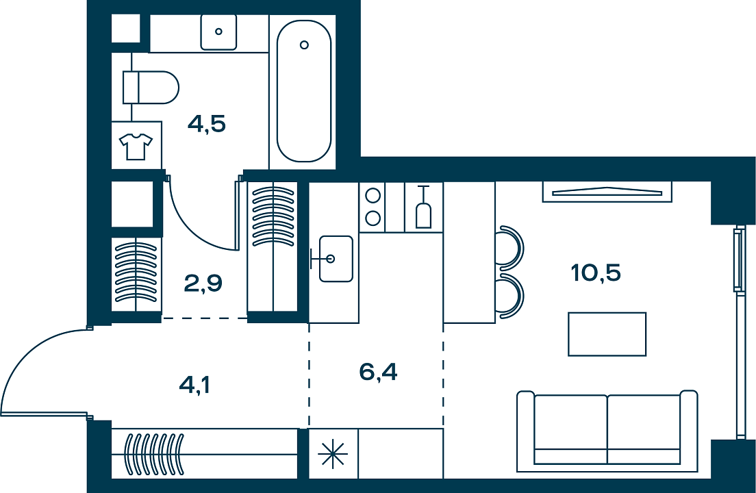 Квартира с 1 спальней 28.4 м2 в ЖК Soul