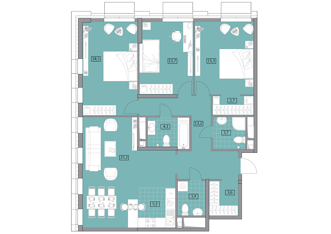 Планировка Квартира с 3 спальнями 111.4 м2 в ЖК Westerdam