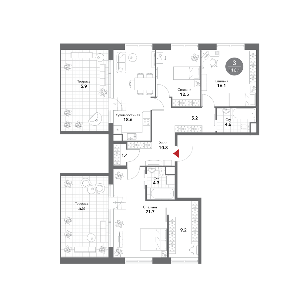 Планировка Квартира с 4 спальнями 116.1 м2 в ЖК Voxhall