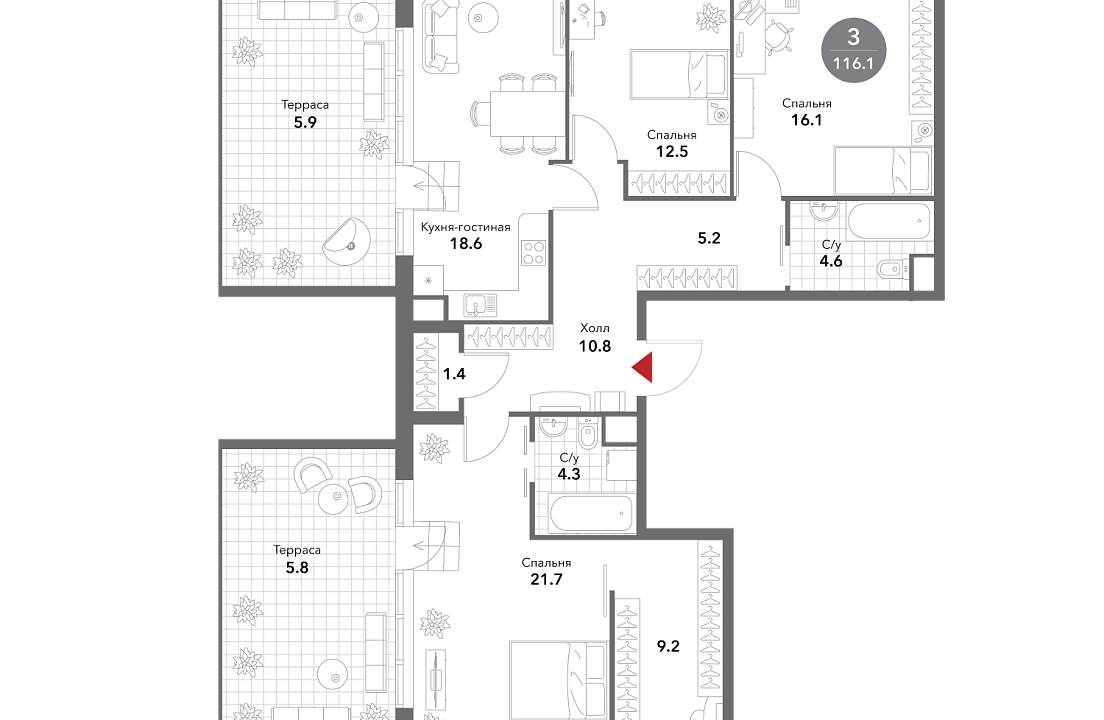 Квартира с 4 спальнями 116.1 м2 в ЖК Voxhall