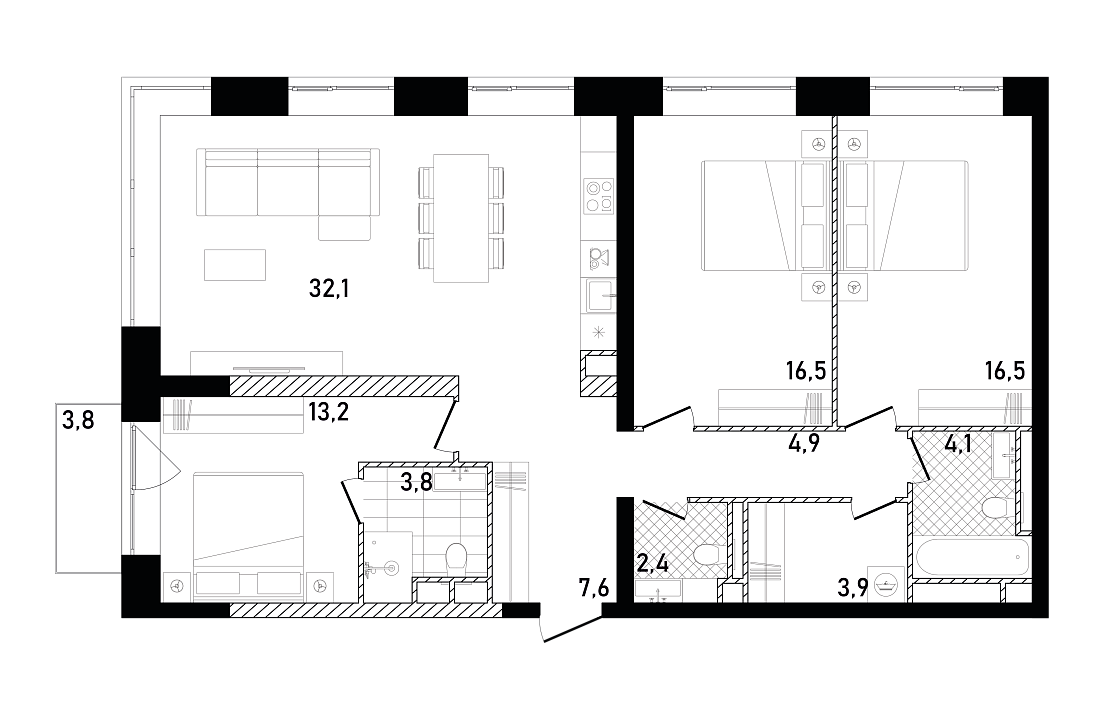 Квартира с 3 спальнями 106.68 м2 в ЖК Republic