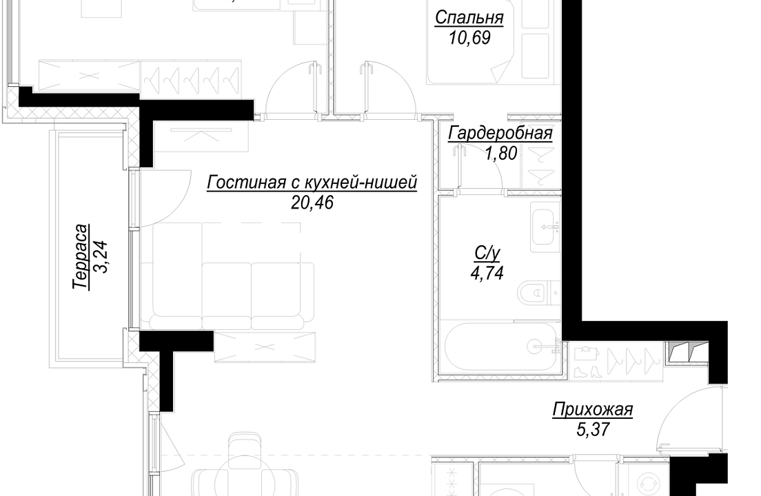 Квартира с 2 спальнями 71.96 м2 в ЖК Hide