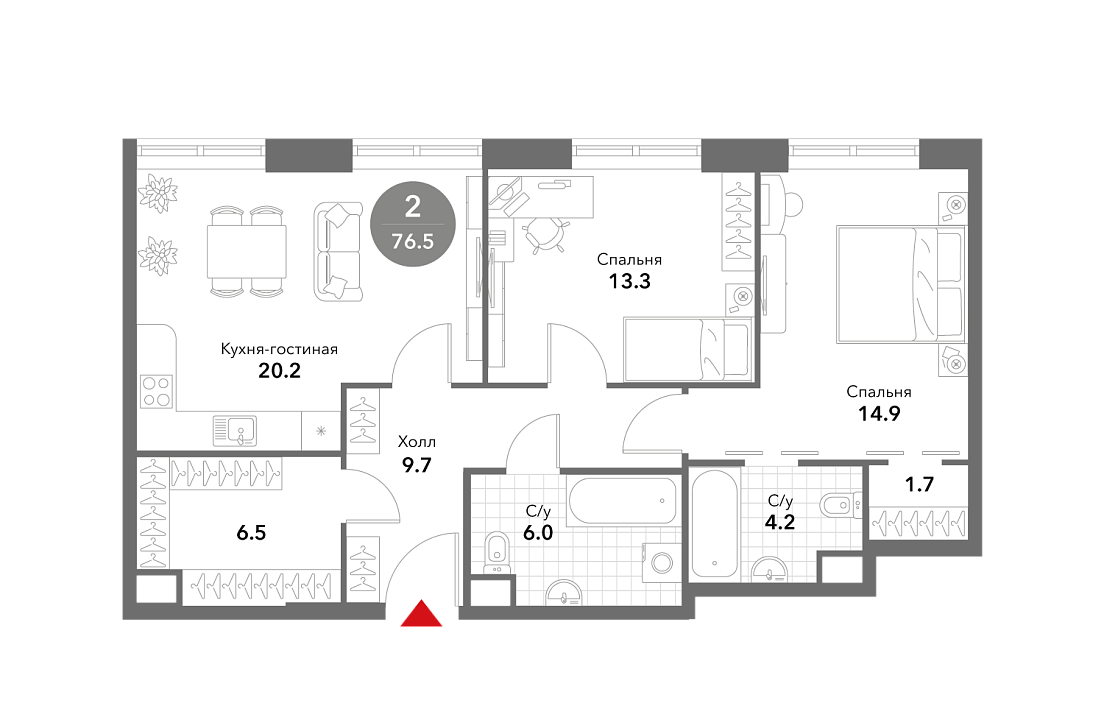 Квартира с 2 спальнями 76.5 м2 в ЖК Voxhall