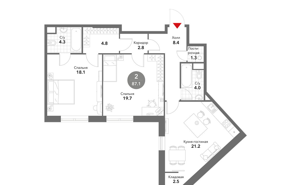 Квартира с 2 спальнями 87.1 м2 в ЖК Voxhall
