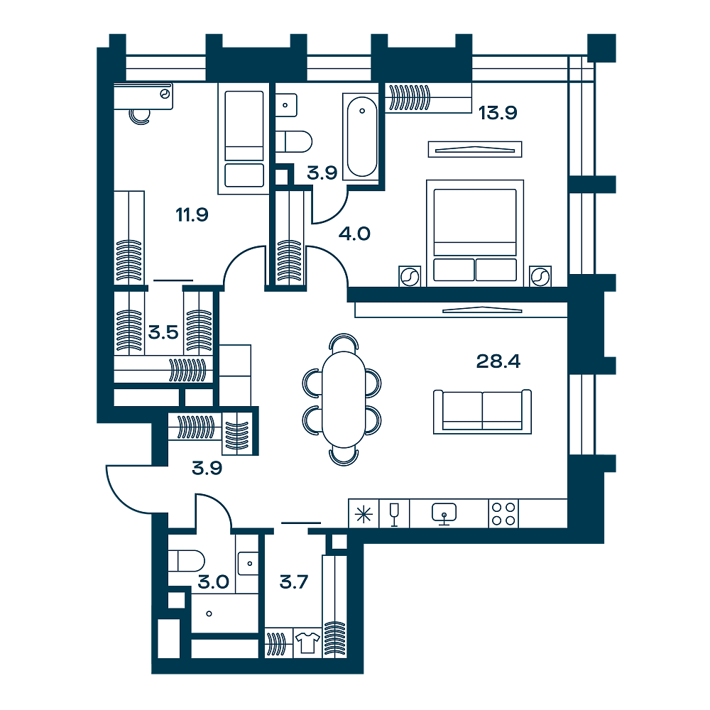 Планировка Квартира с 2 спальнями 76.2 м2 в ЖК Soul