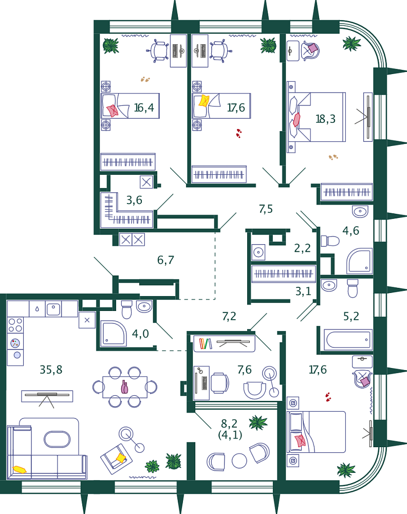 Планировка Квартира с 4 спальнями 161.5 м2 в ЖК Shagal