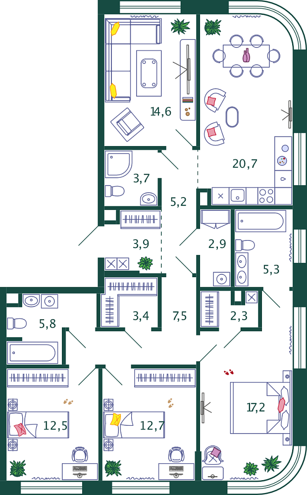 Планировка Квартира с 4 спальнями 117.7 м2 в ЖК Shagal