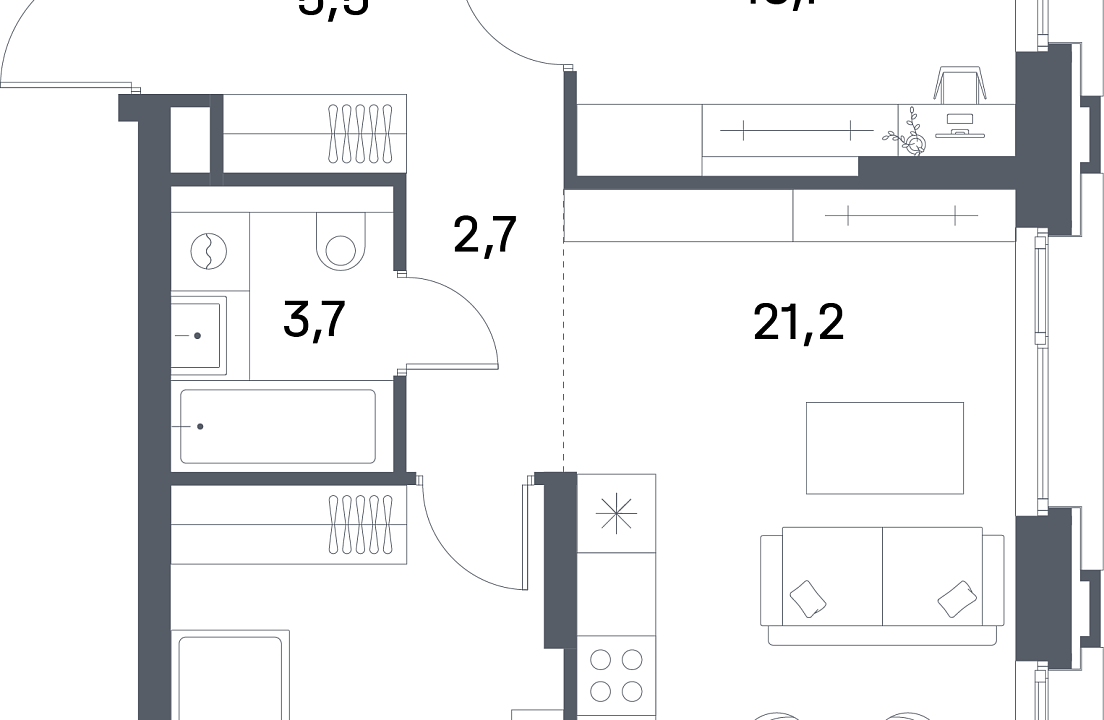 Квартира с 2 спальнями 64.9 м2 в ЖК Portland