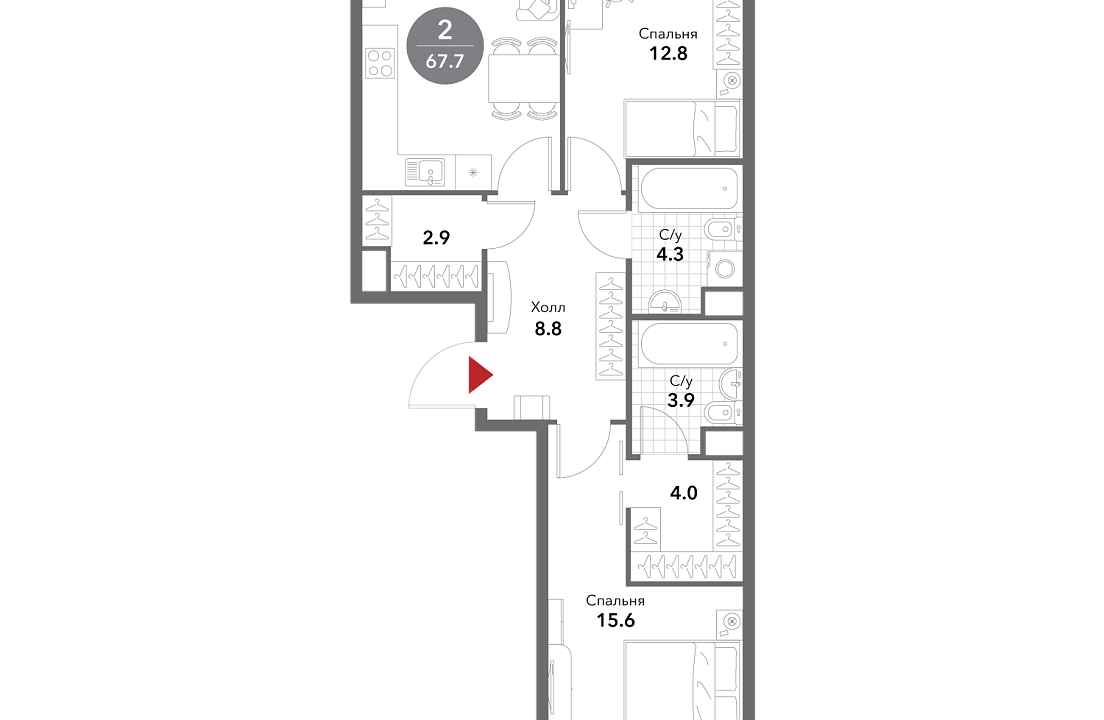 Квартира с 2 спальнями 67.8 м2 в ЖК Voxhall