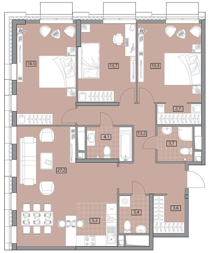 Планировка Квартира с 3 спальнями 111.6 м2 в ЖК Westerdam