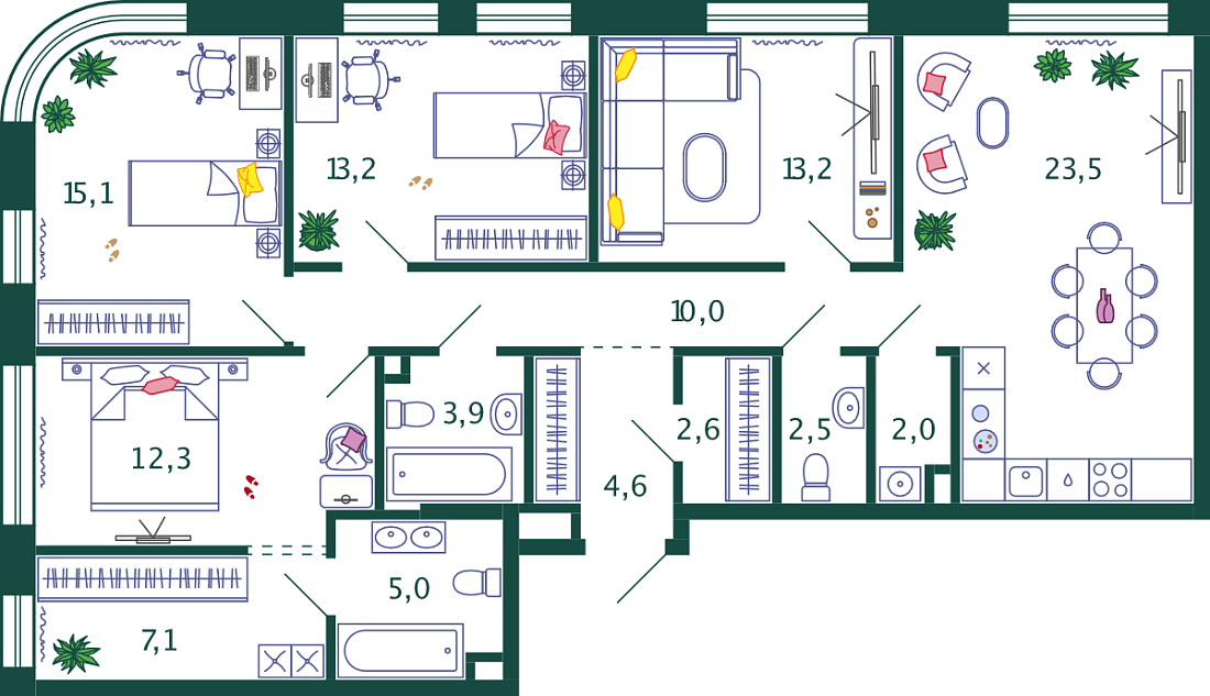 Планировка Квартира с 4 спальнями 115 м2 в ЖК Shagal