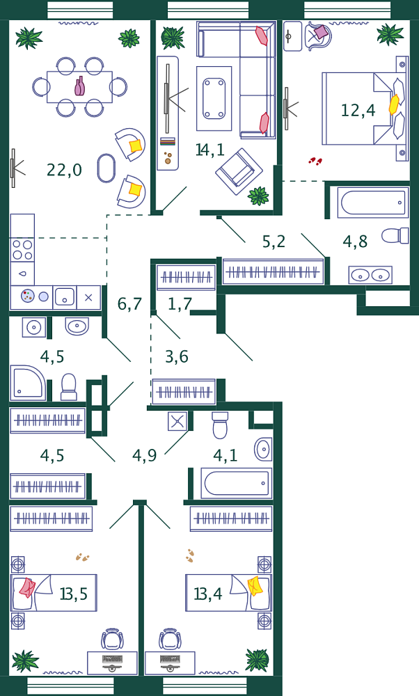 Планировка Квартира с 4 спальнями 115.4 м2 в ЖК Shagal